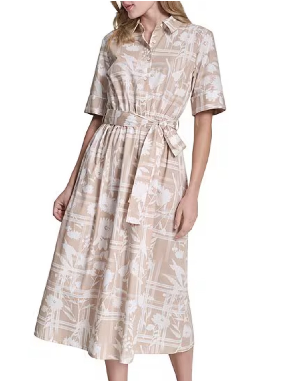 DKNY 100% Cotton Beige and White Floral Midi Dress NWT